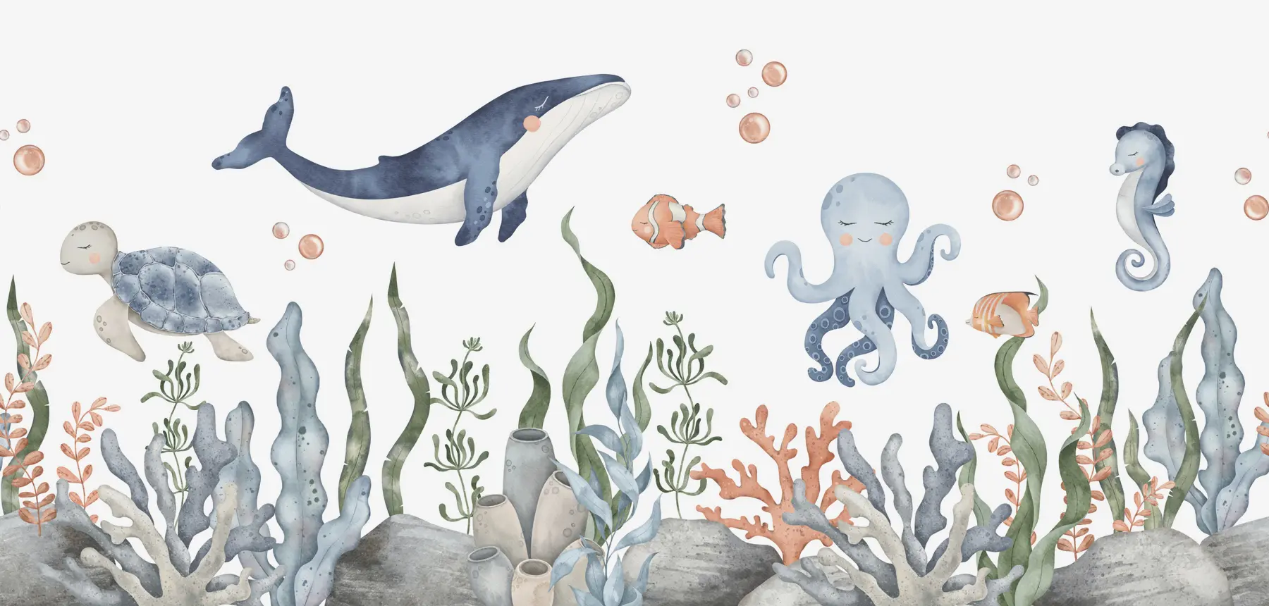 wall murals Underwater world with whale, octopus, turtle w00383