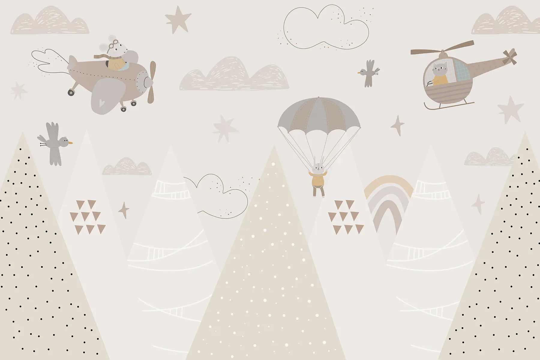 wall murals Beige mountains with helicopter, aeroplane and animals w00414