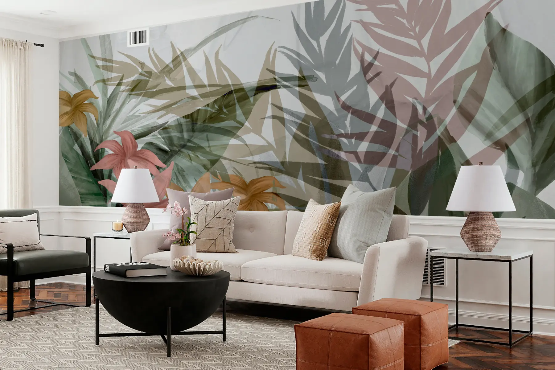 wall murals Delicate tropical leaves and flowers on a white background w00423