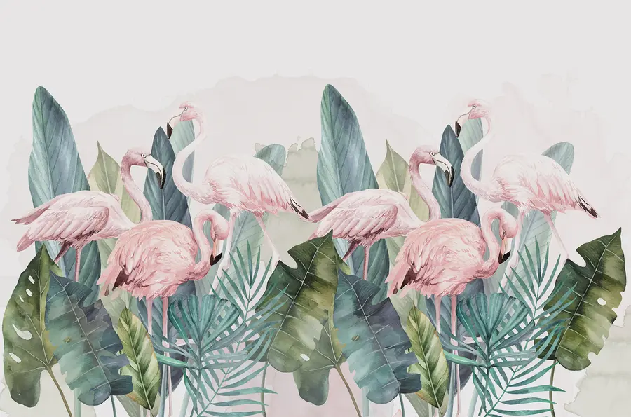 wall murals Flamingos in the tropical leaves, watercolor, pink and green colors w00505