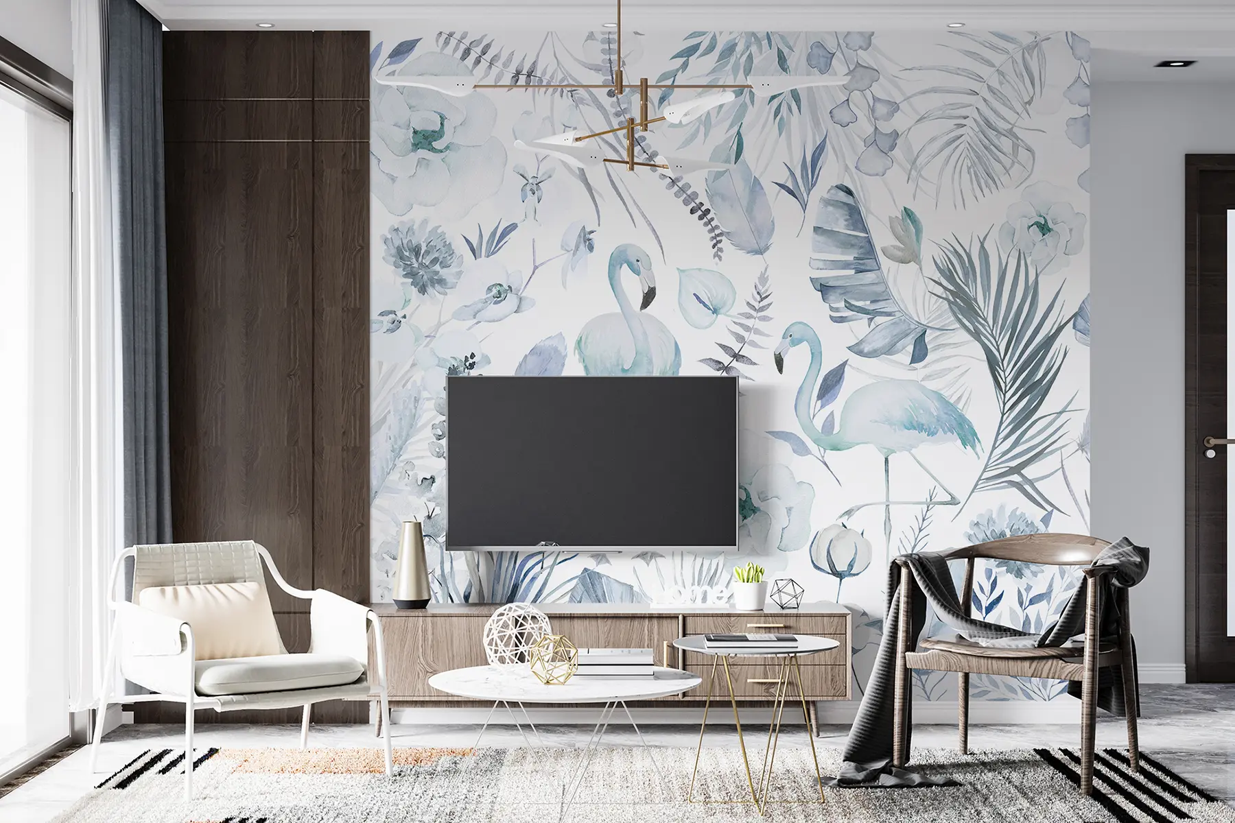 wall murals Boho style watercolor art, flamingos, tropical leaves, cotton, orchid, peony, blue color w00507v1