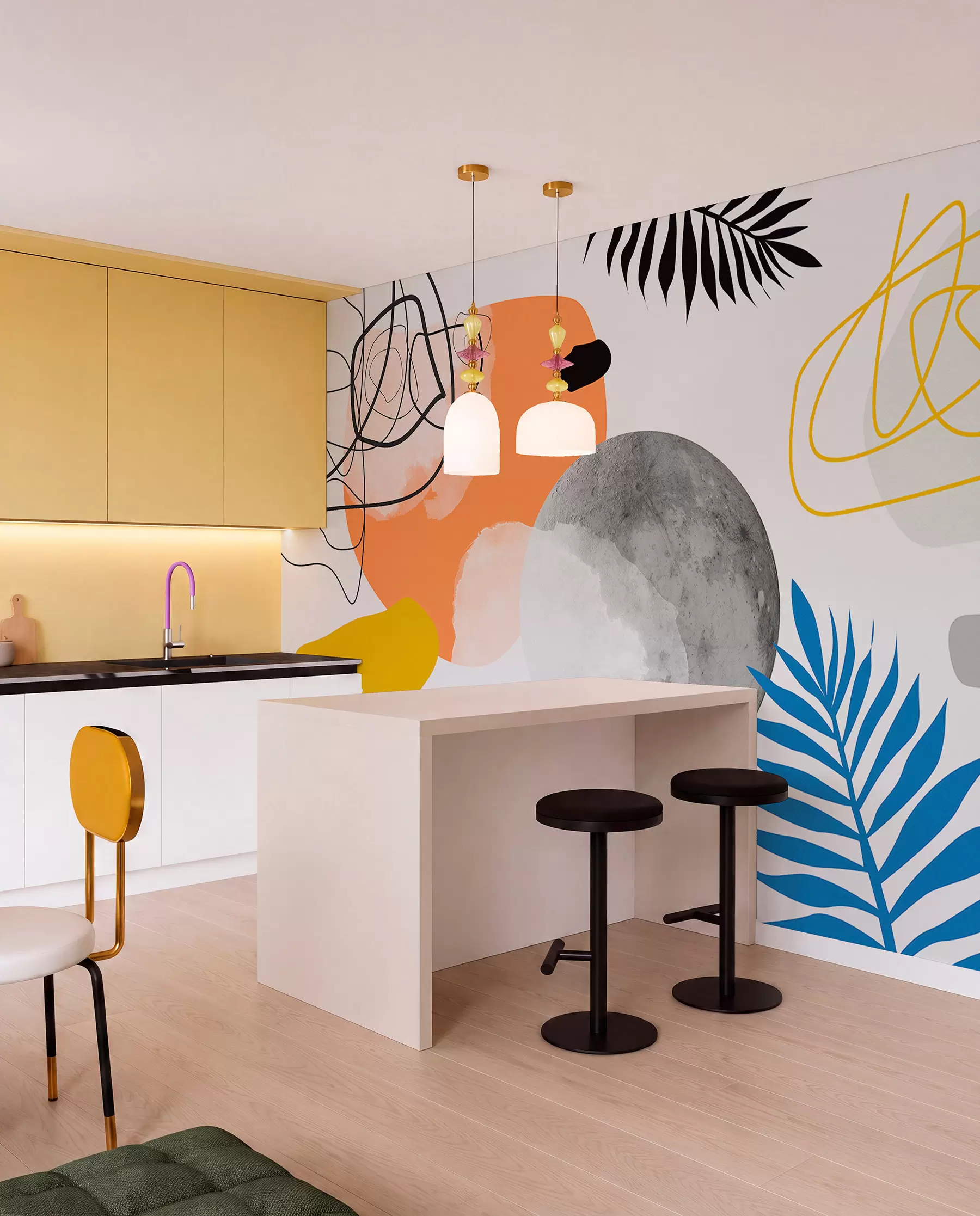 wall murals Abstract modern, minimalism, boho, geometry, watercolor spots, full moon, palm leaf silhouette, topography, intricacy, orange, yellow, gray w00508