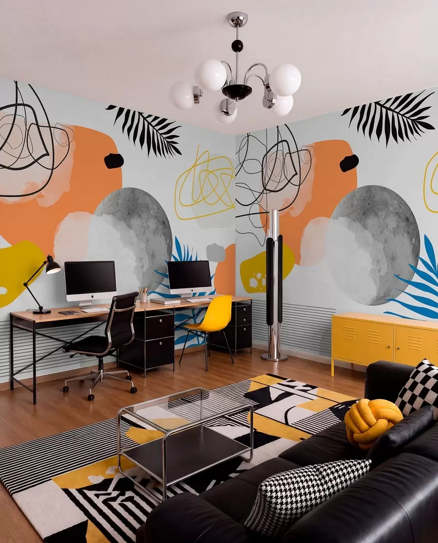 wall murals Abstract modern, minimalism, boho, geometry, watercolor spots, full moon, palm leaf silhouette, topography, intricacy, orange, yellow, gray w00508