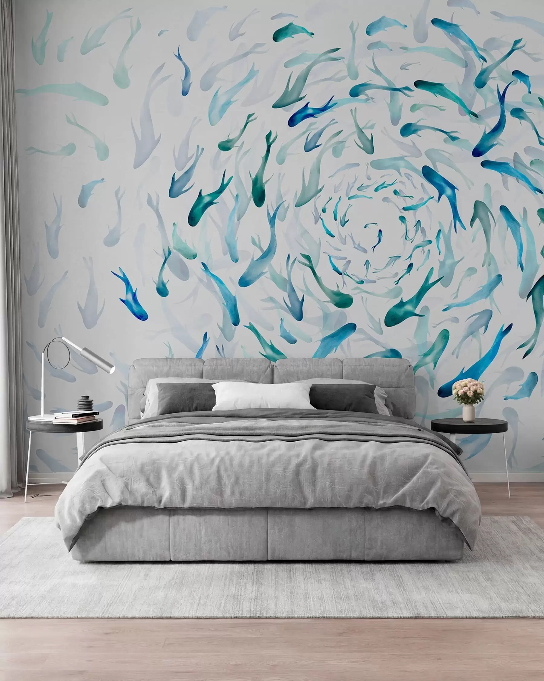 wall murals Fish swirling in a whirlpool, fish dance, watercolor, shark, abstract composition, minimalism, blue, green color w00510