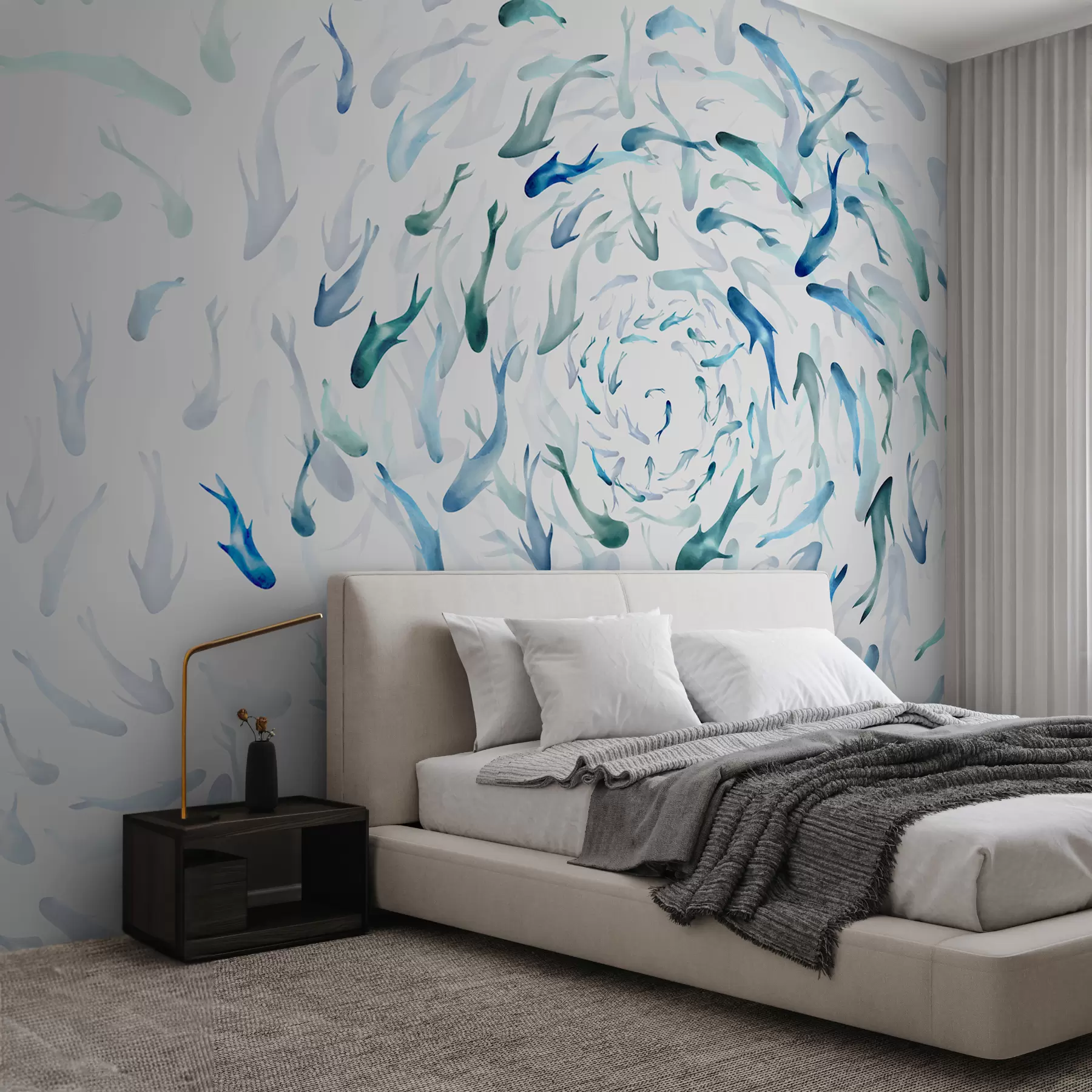 wall murals Fish swirling in a whirlpool, fish dance, watercolor, shark, abstract composition, minimalism, blue, green color w00510