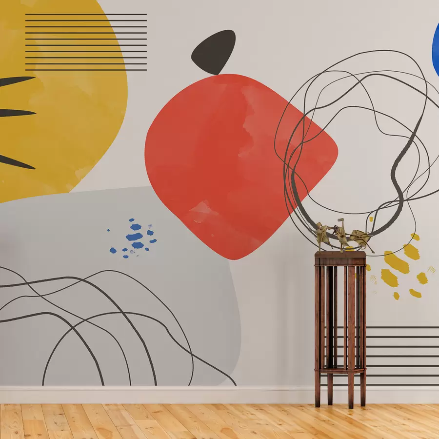 wall murals Abstraction modern, bright spot, boho, geometry, topography, curves, lines, red, yellow, blue, black w00514