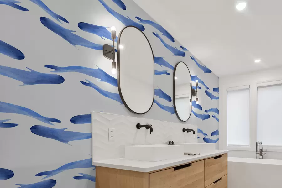 wall murals Horizontal stripes of blue fish spots, watercolor, rhythmic pattern, abstraction, marine w00571