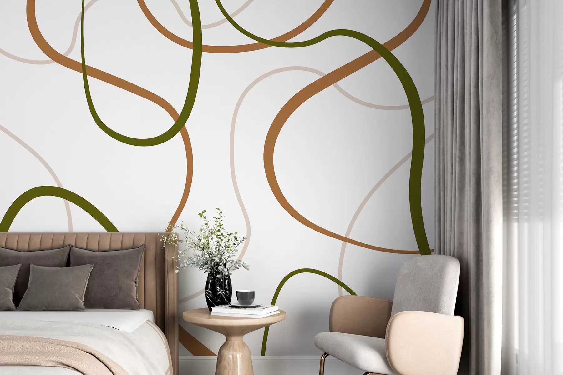 wall murals Abstract lines, minimalistic, geometric pattern, green and beige w00594