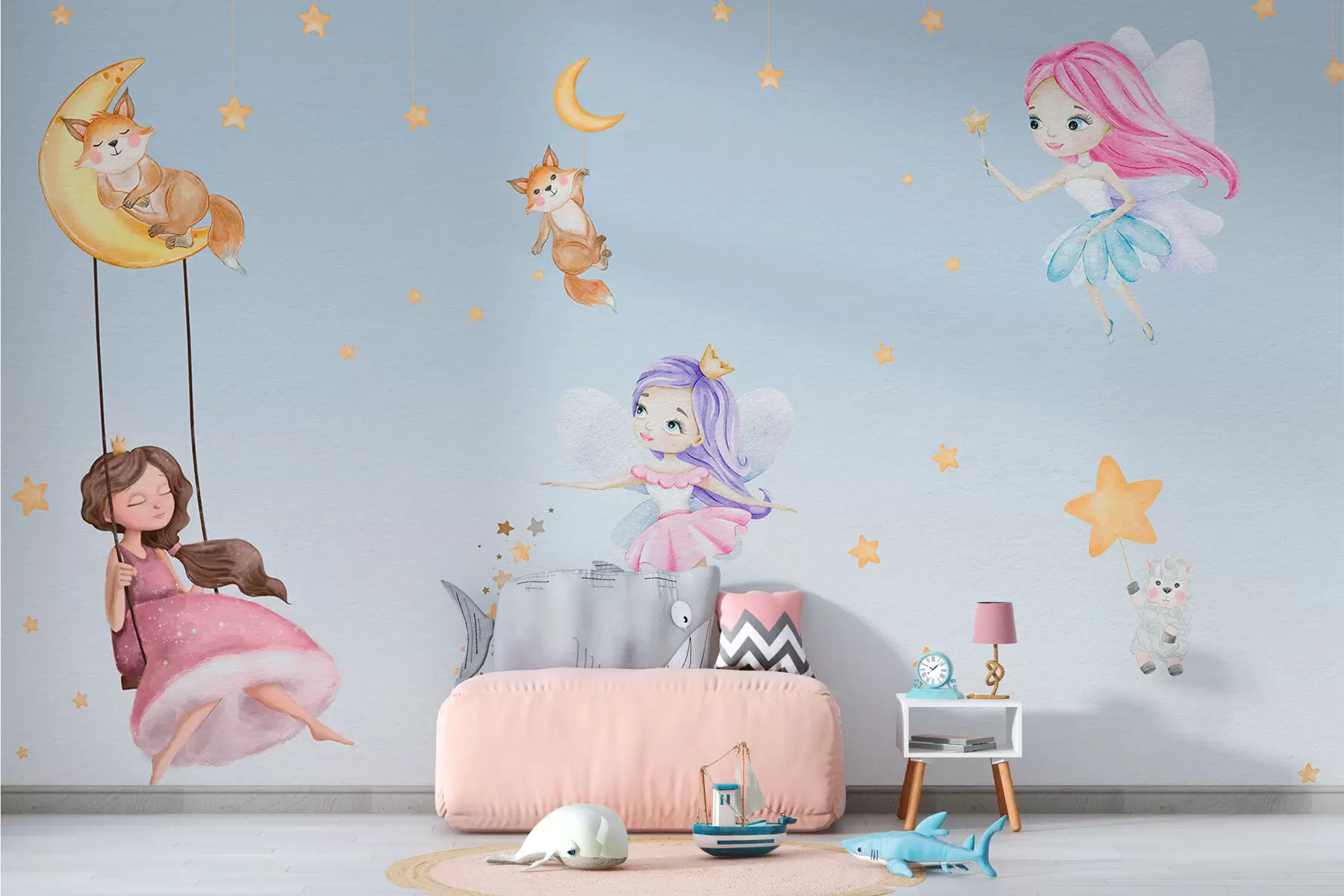 wall murals Fairies and cute animals on blue background w00621