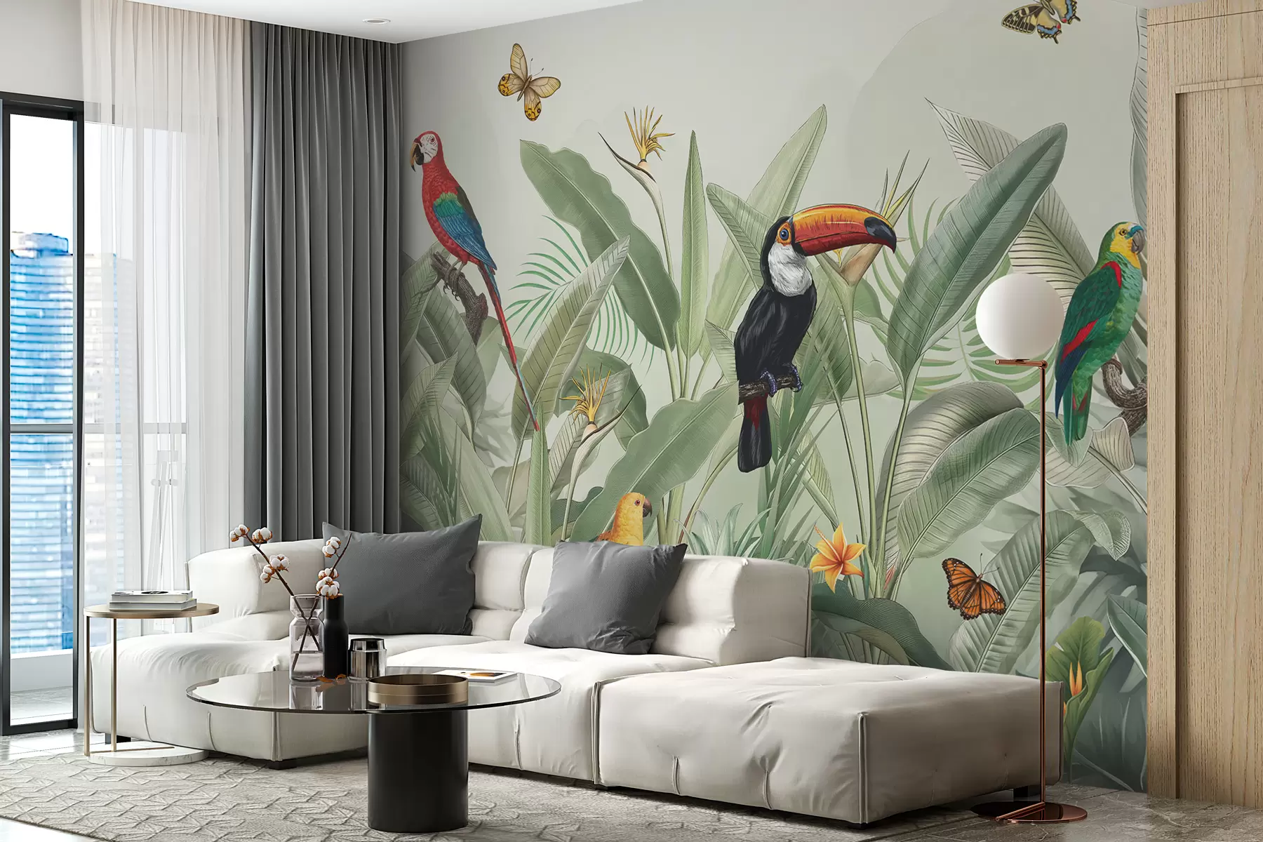 wall murals Exotic birds on grey stropium leaves w00635