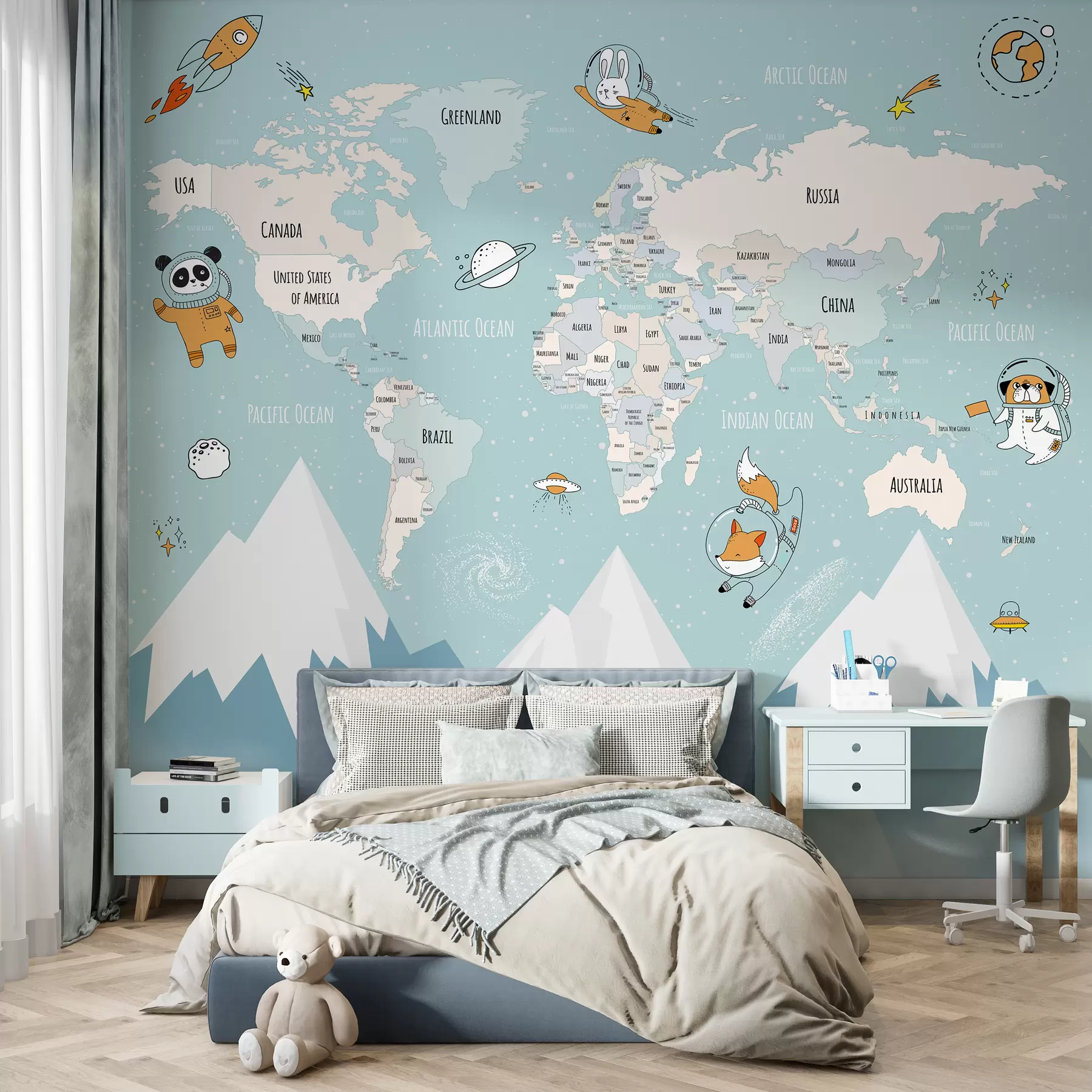 wall murals Map of world countries with animal astronauts w00066d1