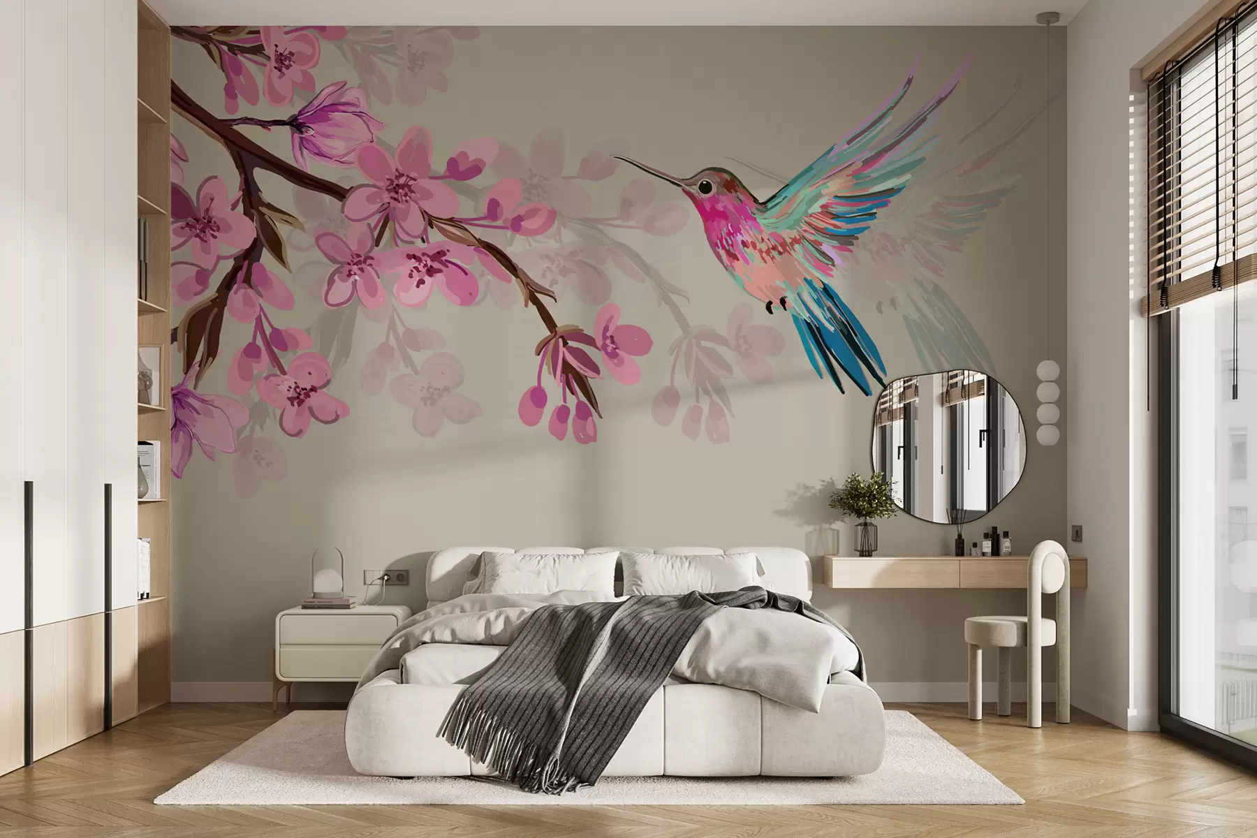 wall murals branch with pink flowers and a bright bird on a pink background w00693v1