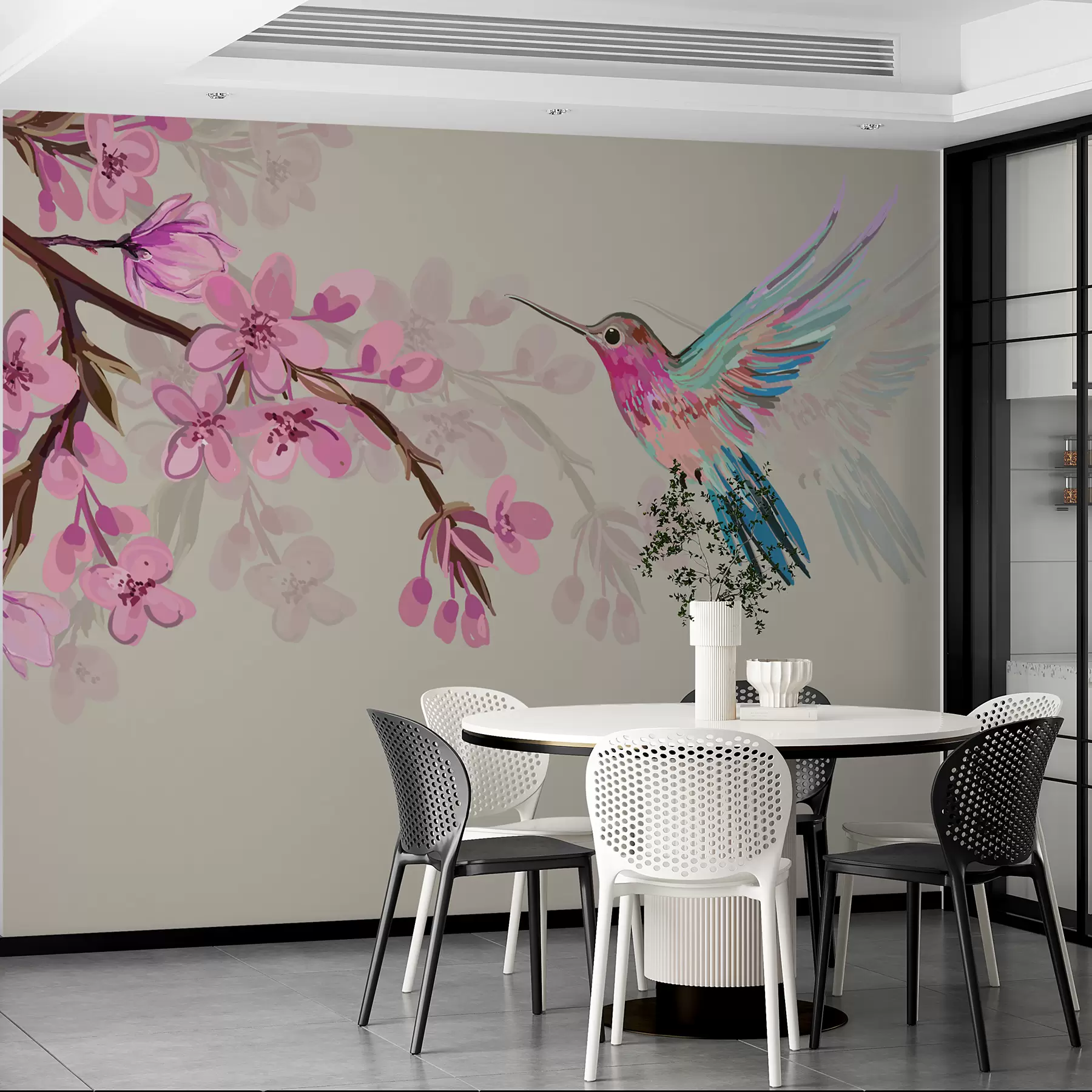 wall murals branch with pink flowers and a bright bird on a pink background w00693v1