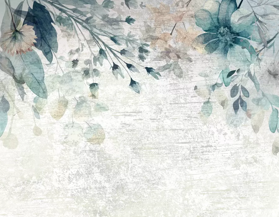 wall murals Large blue and white flowers, leaves, and branches against a textured wall w00697