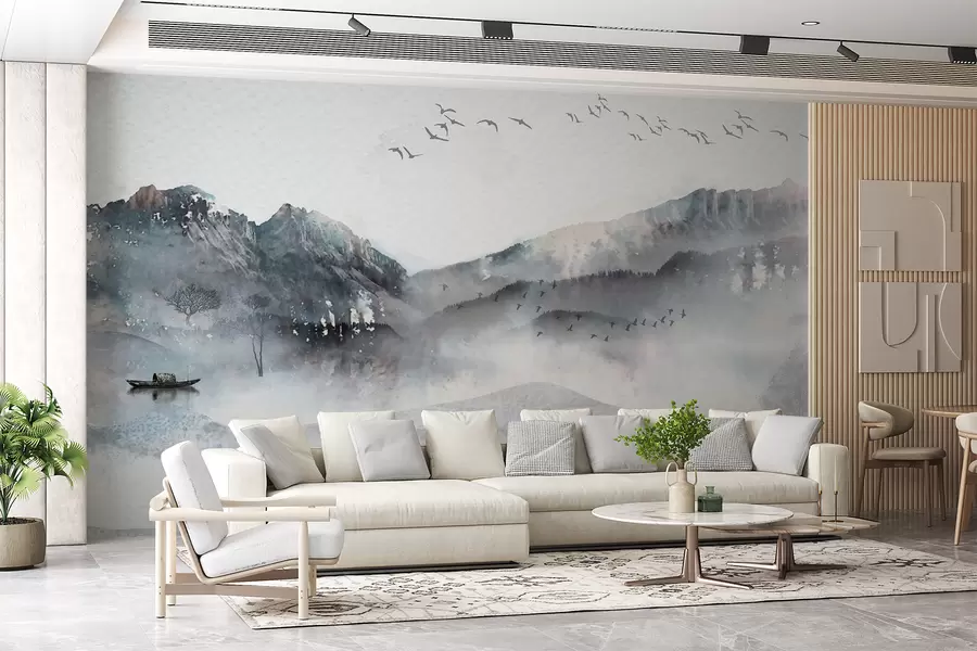 wall murals Landscape with mountains in the background, with a few trees visible in the foreground serene w00707