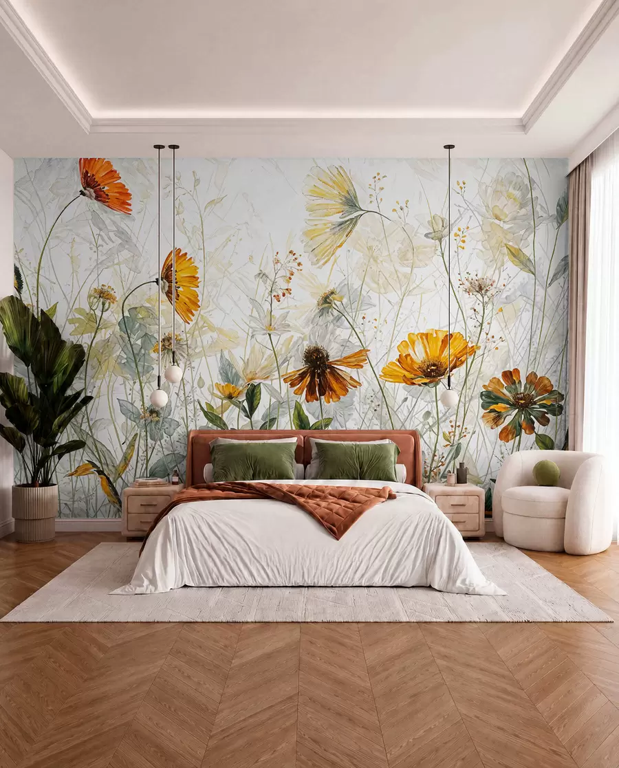 wall murals A field of vibrant flowers against a soft, hazy background with delicate white flowers and wispy grass w00708