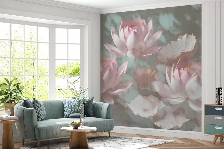 wall murals A close-up of several delicate pink lotus flowers against a soft, blurred background w00710