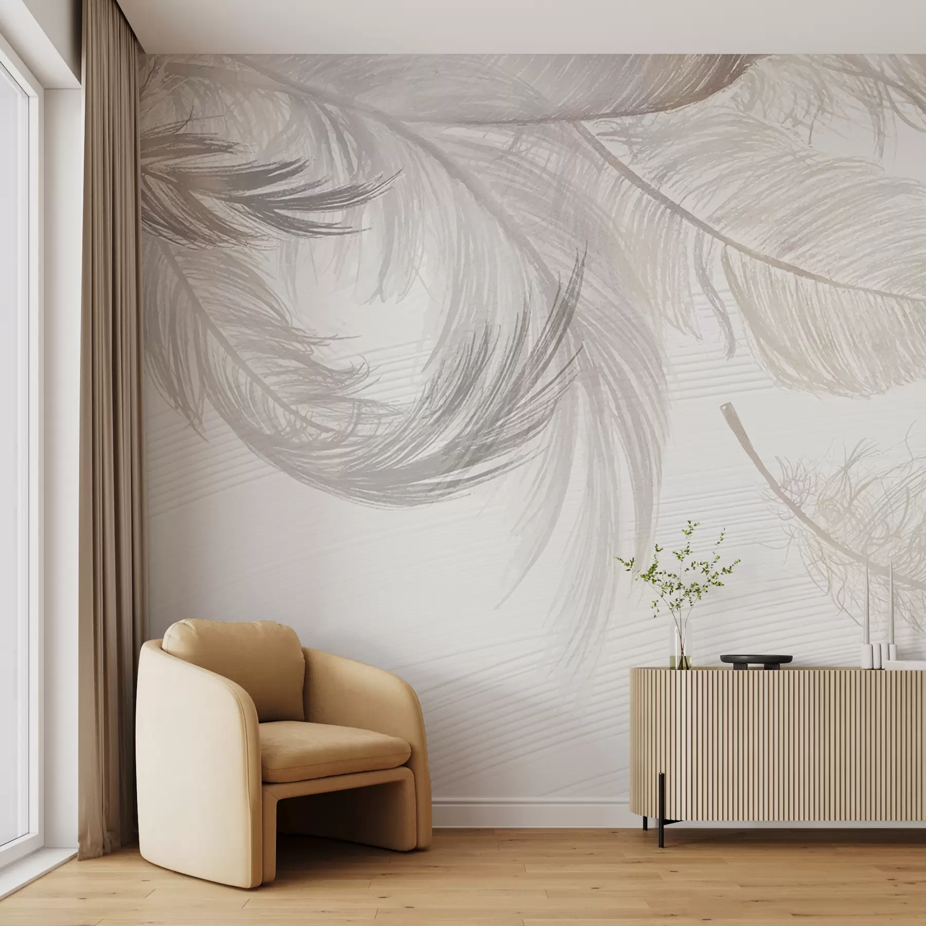 wall murals Soft, delicate white feathers floating on a light background w00739