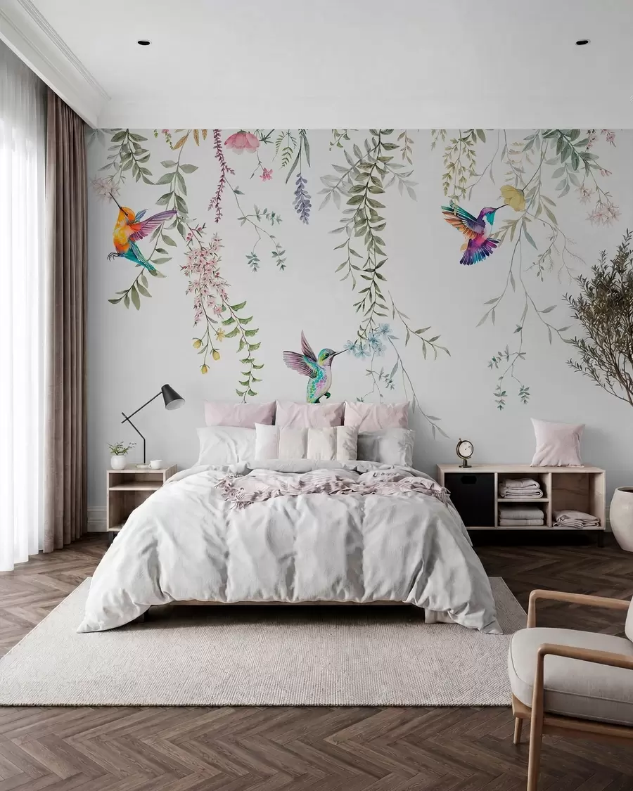 wall murals Hanging flowers and leaves and beautiful hummingbirds w00660
