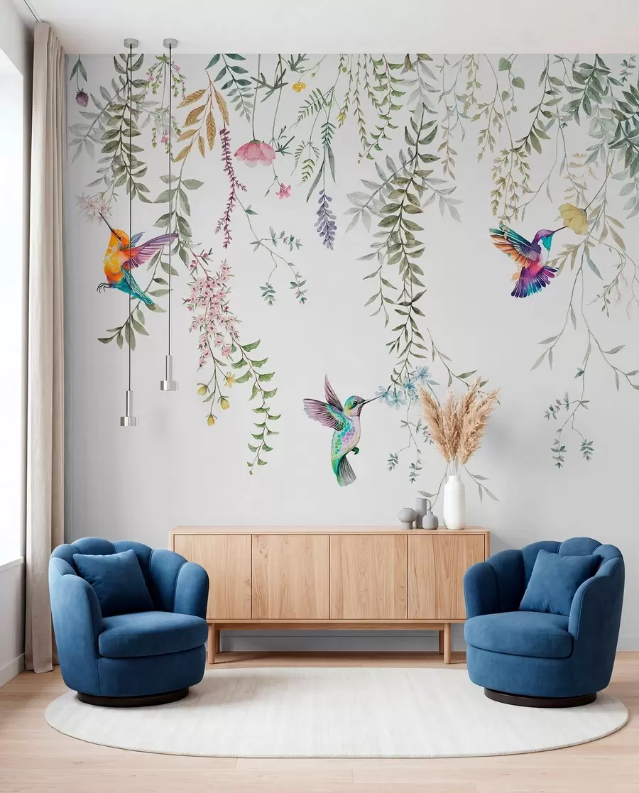 wall murals Hanging flowers and leaves and beautiful hummingbirds w00660