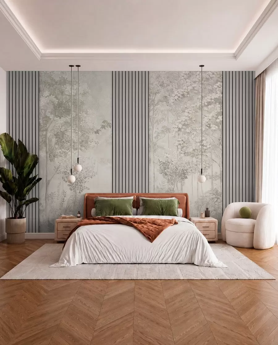 wall murals Wood panels and delicate forest in pastel colours w00670