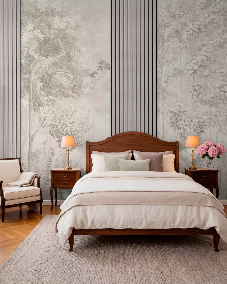 wall murals Wood panels and delicate forest in pastel colours w00670