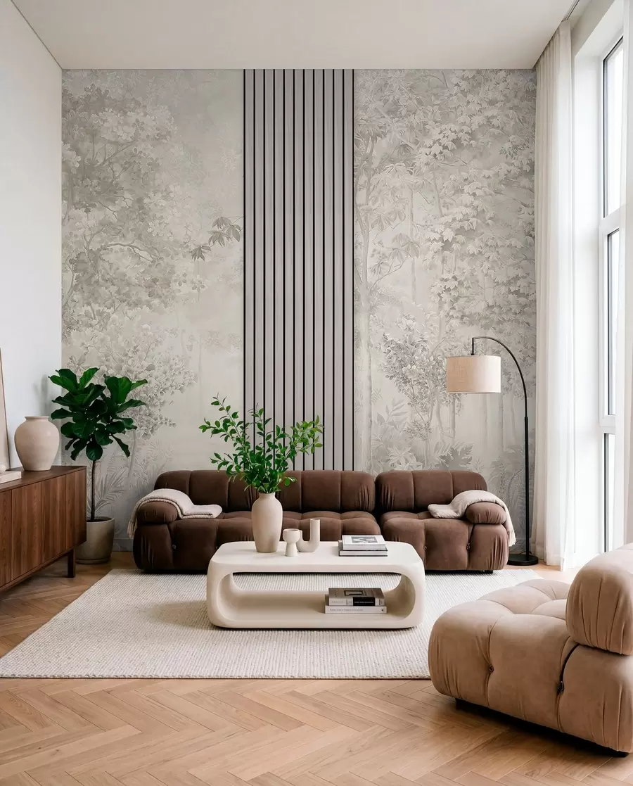 wall murals Wood panels and delicate forest in pastel colours w00670