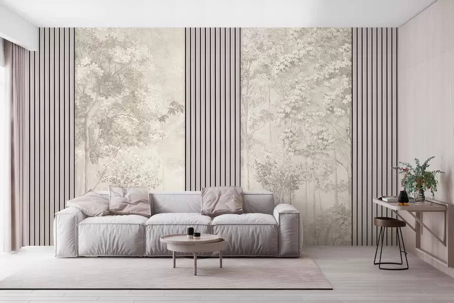 wall murals Wood panels and delicate forest in pastel colours w00670