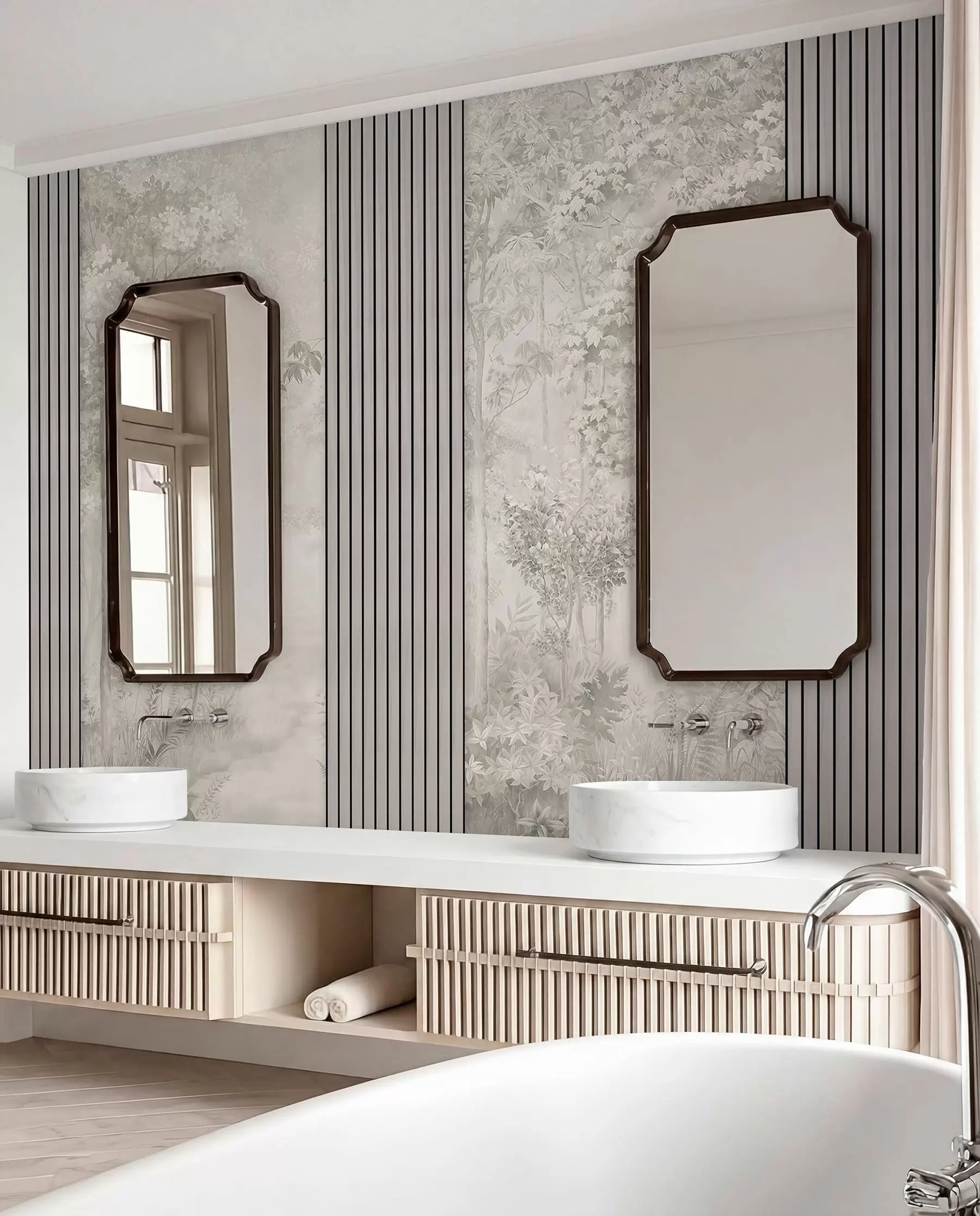 wall murals Wood panels and delicate forest in pastel colours w00670