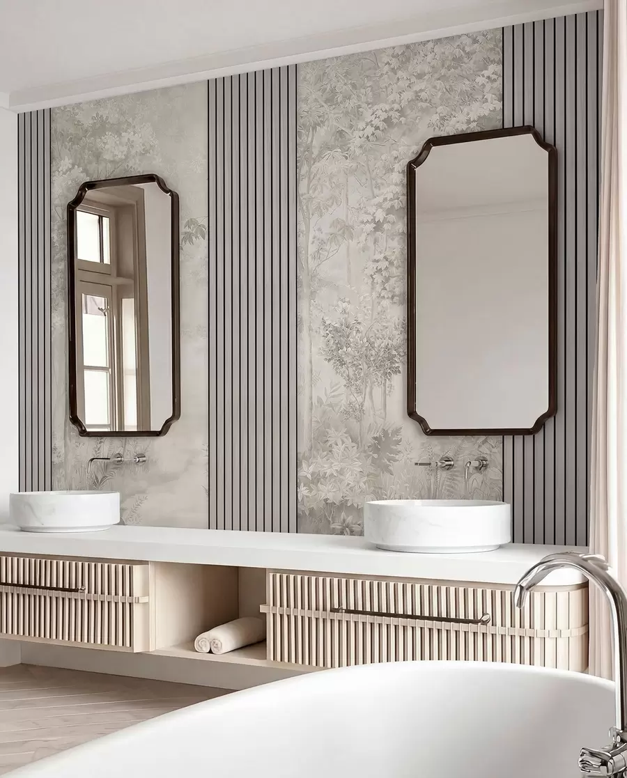 wall murals Wood panels and delicate forest in pastel colours w00670