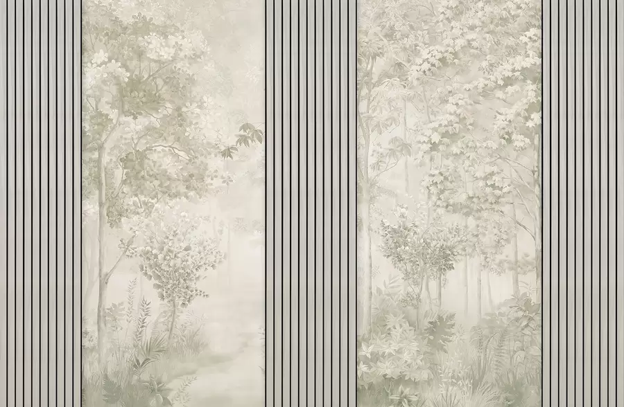 wall murals Wood panels and delicate forest in green tones w00670v2