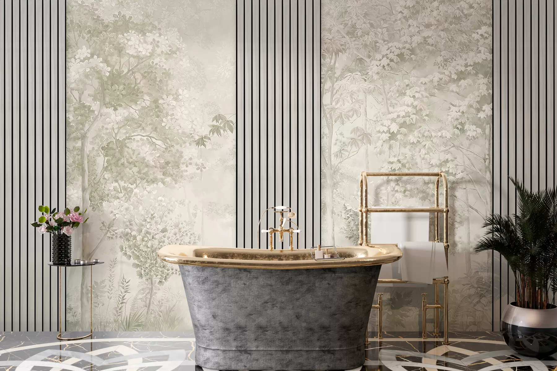 wall murals Wood panels and delicate forest in green tones w00670v2