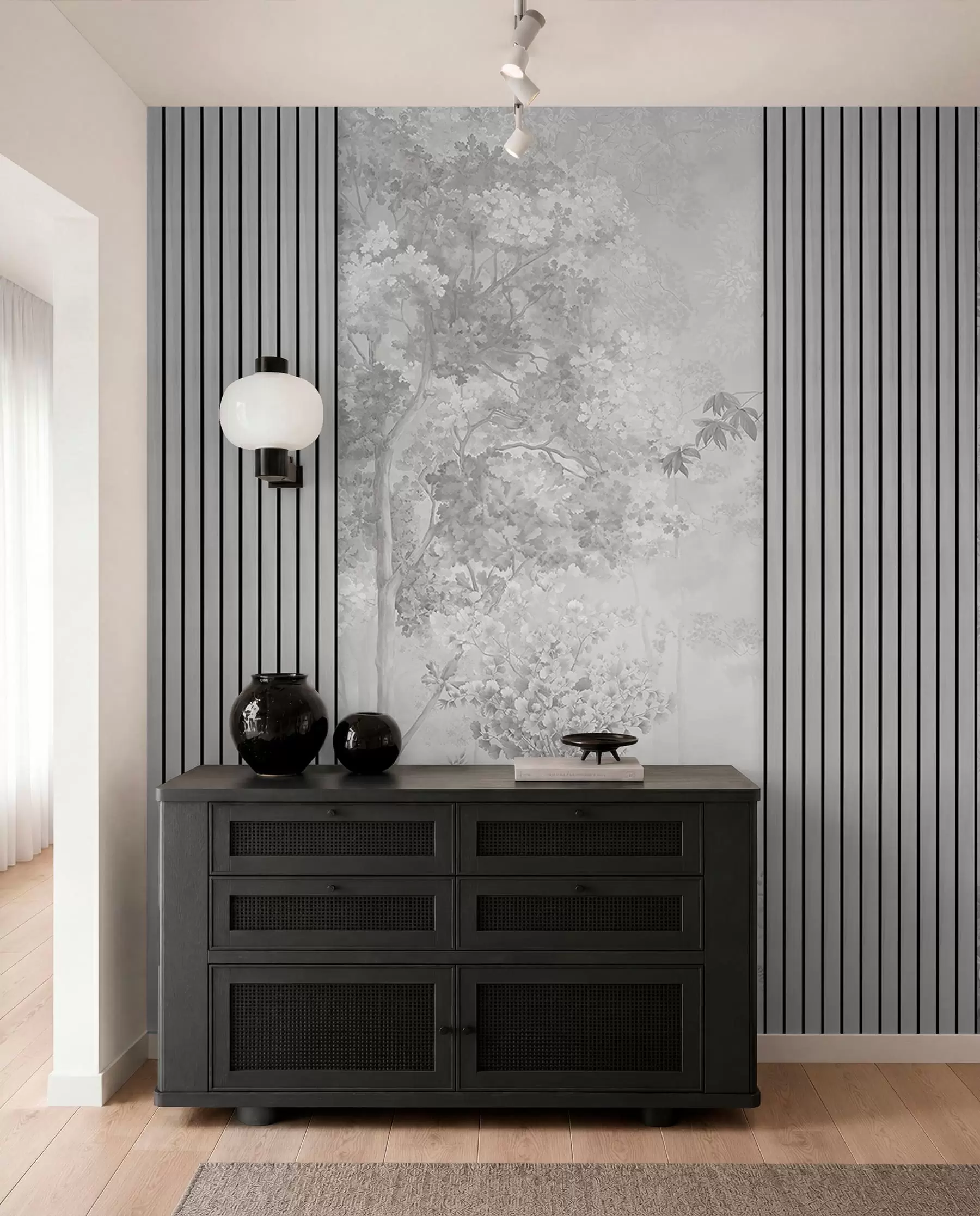 wall murals Wood panels and delicate forest in grey tones w00670v3