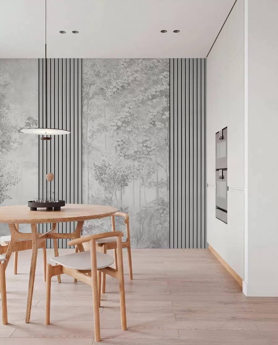 wall murals Wood panels and delicate forest in grey tones w00670v3