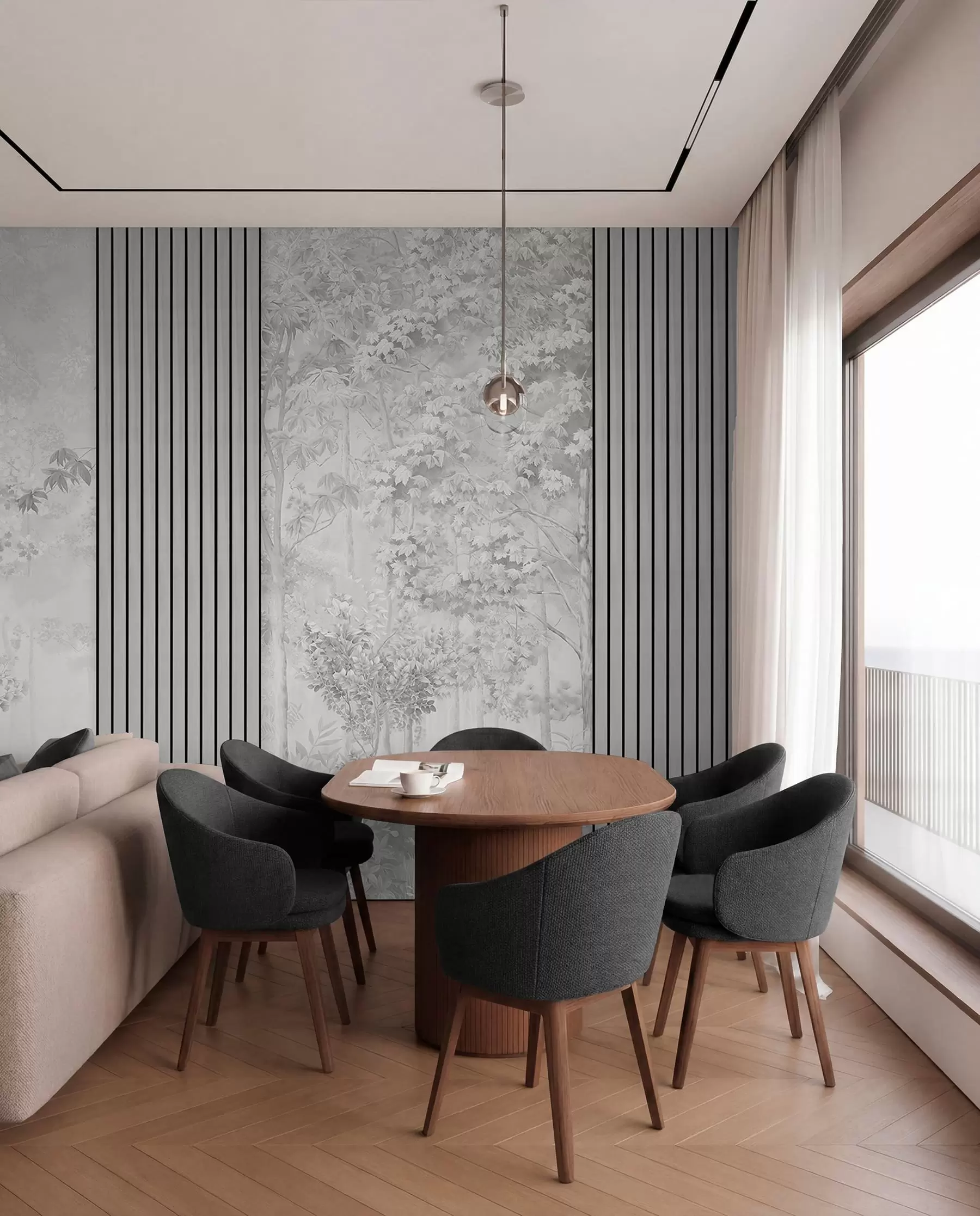 wall murals Wood panels and delicate forest in grey tones w00670v3
