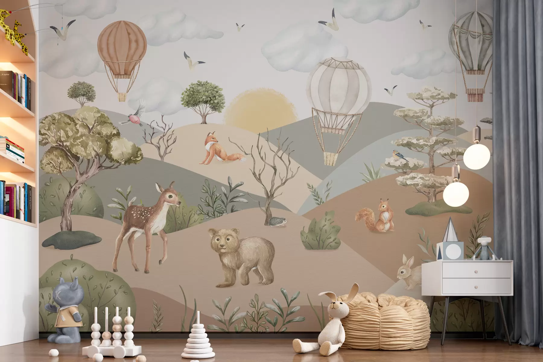 wall murals Forest glade with cute animals and balloons w00636