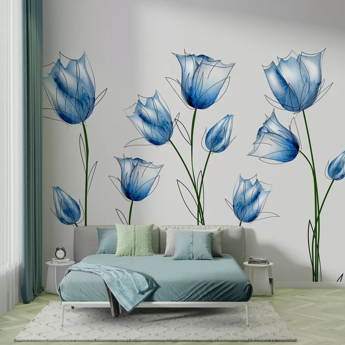 wall murals Blue watercolour flowers w00745