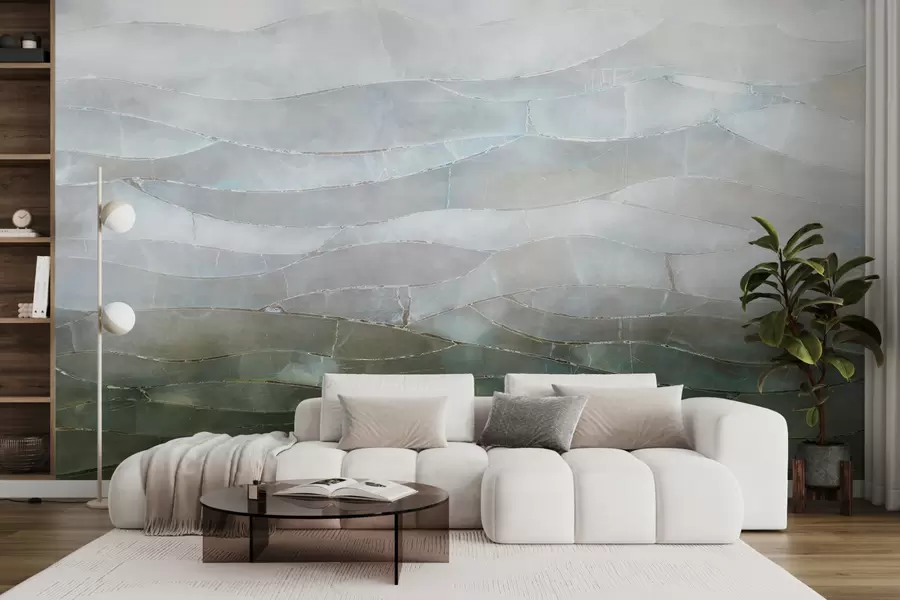 wall murals Textured misty, hilly abstract gradient landscape with rolling green fields through the fog w00795