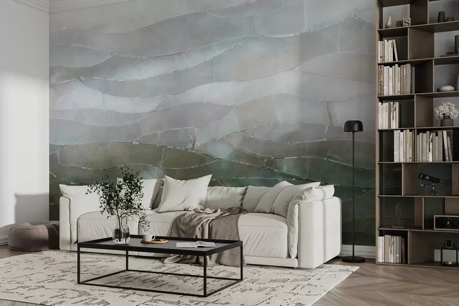 wall murals Textured misty, hilly abstract gradient landscape with rolling green fields through the fog w00795
