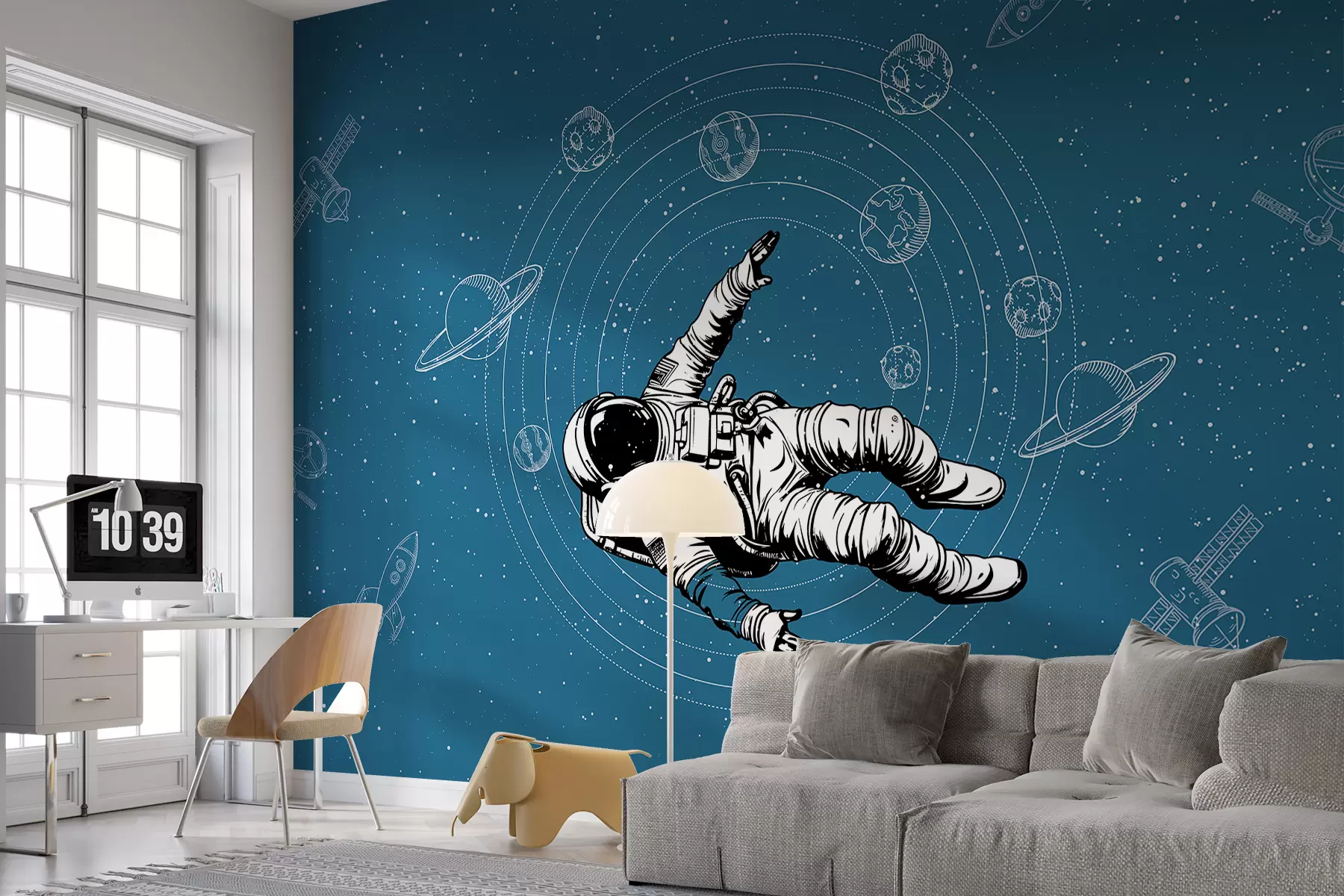 wall murals Astronaut and planets on blue background w00712v3