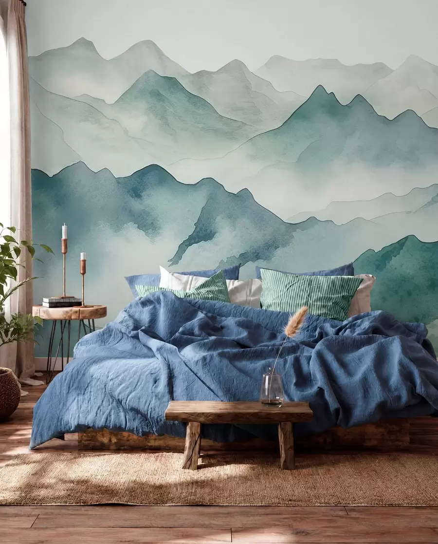 wall murals Mountain peaks and passes, watercolor, landscape, landscape, blue, gray color w00841