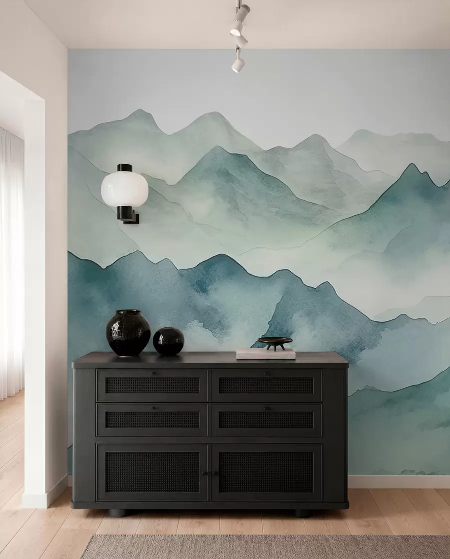 wall murals Mountain peaks and passes, watercolor, landscape, landscape, blue, gray color w00841