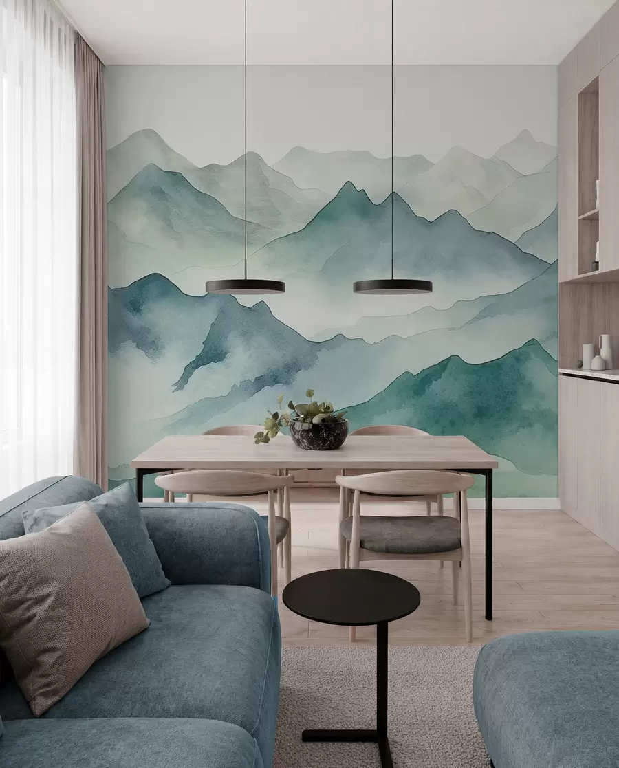 wall murals Mountain peaks and passes, watercolor, landscape, landscape, blue, gray color w00841