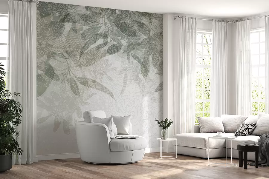 wall murals Soft, blurred leaves in shades of green and gray against a light textural drawing background w00854