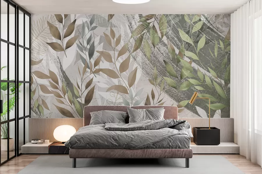 wall murals Green leaves in grunge style w00812
