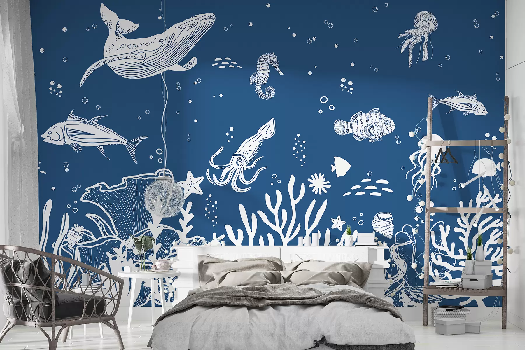 wall murals Sea life, fish, whale, octopus, jellyfish, corals, marine life, dark blue color w00850v4
