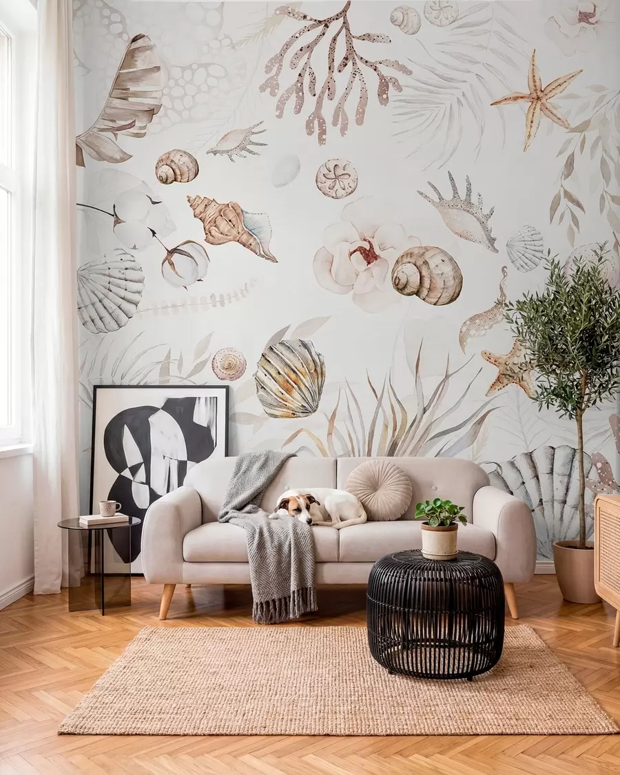 wall murals Watercolor marine pattern, boho style, seashells, corals, cotton, beige colors w00851