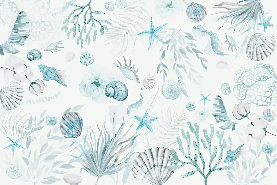 wall murals Watercolor marine pattern, boho style, seashells, corals, cotton, blue colors w00851v1