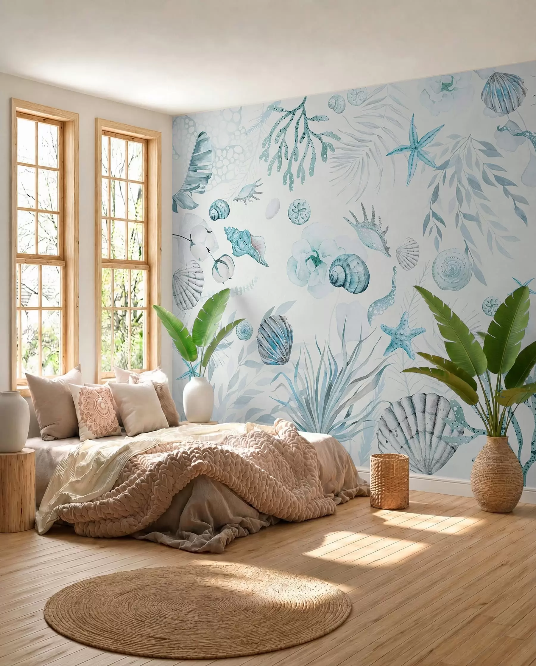 wall murals Watercolor marine pattern, boho style, seashells, corals, cotton, blue colors w00851v1