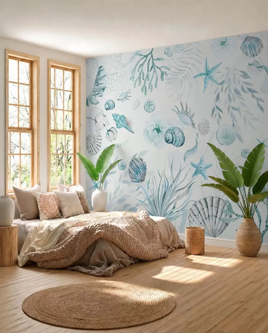 wall murals Watercolor marine pattern, boho style, seashells, corals, cotton, blue colors w00851v1